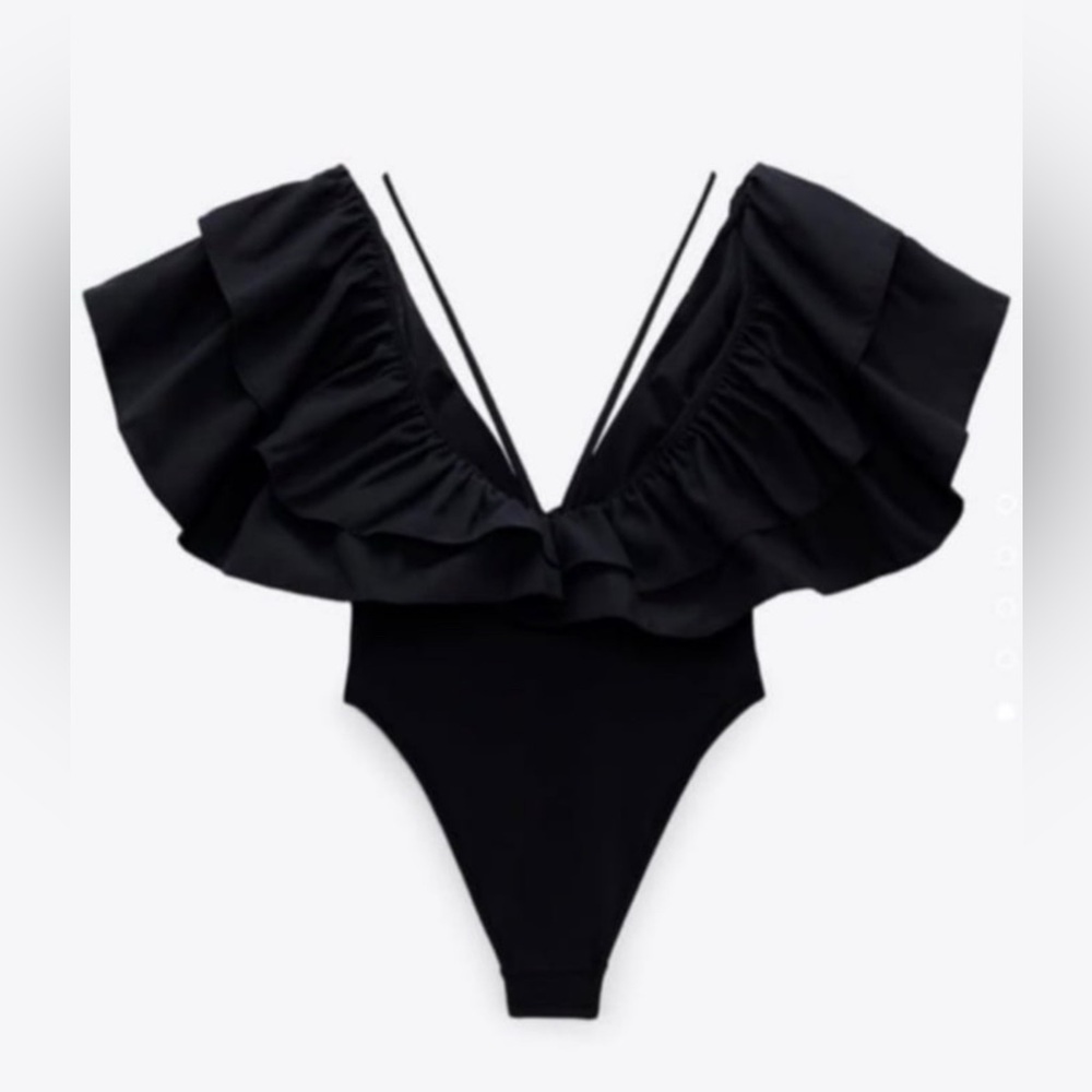 Zara Womens Black Ruffles One Piece Swimsuit Size S